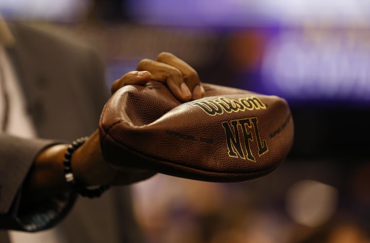 A detail view of a deflated football is seen during media day for the NFL Super Bowl XLIX football game