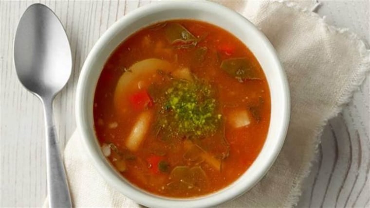 Panera's tomato-based soup contains zucchini, Swiss chard, beans, cauliflower, peppers and barley.