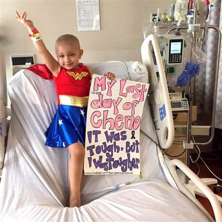 In a photo that's gone viral, cancer survivor Sophia Sandoval, 3, poses in a Wonder Woman costume Jan. 30, after receiving her final chemo treatment. Lynda Carter, who played the title role on TV's "Wonder Woman," called Sophia a "real-life Wonder Woman" on the actress' Facebook page.