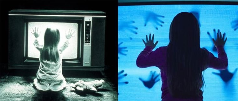 TV's bad for your eyes, and for other parts of your body too, in "Poltergeist" (1982 version to the left, 2015 to the right).