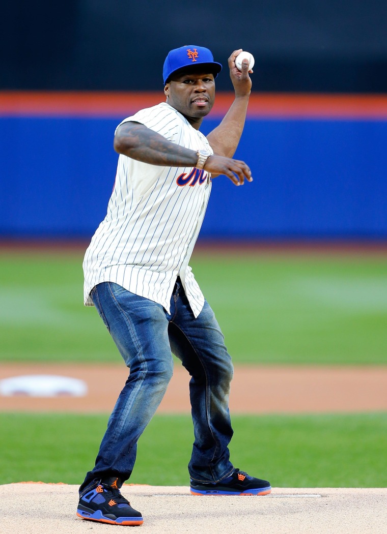 Image: 50 Cent throws ceremonial first pitch on May 27, 2014