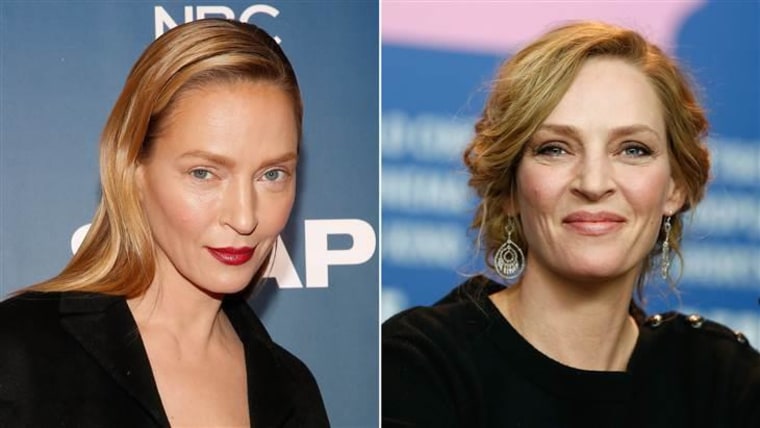 Uma Thurman, seen here at this week's "Slap" premiere party in New York (left), and at a press conference in Germany in 2014.