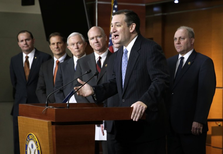 Image: U.S. Senator Cruz appears a news conference with fellow House and Senate Republican party members on the funding the Department of Homeland Security on Capitol Hill in Washington