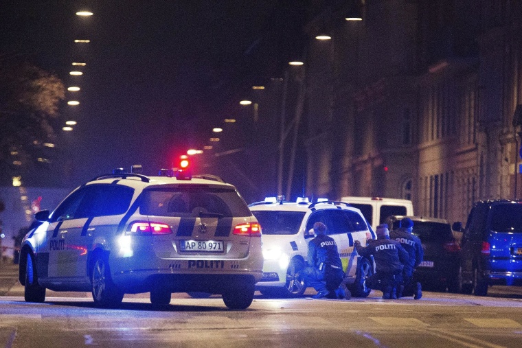 Image: Police personnel and vehicles are seen along a street in central Copenhagen