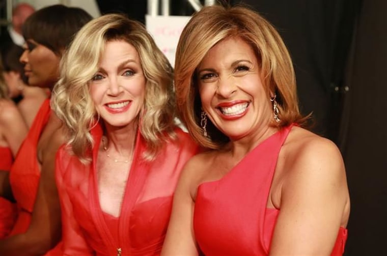 Donna Mills, left, and Hoda Kotb poses backstage at the Go Red For Women Red Dress Collection 2015 presented by Macy's during Mercedes-Benz Fashion We...