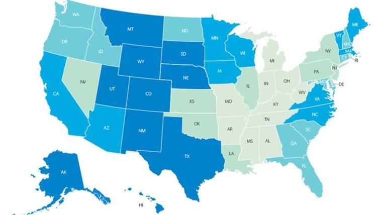 The annual, national well-being survey, as conducted by Gallup-Healthways. The bluest states have the highest collective well-being, the lighter green states have the lowest. The aqua-colored states rank in the middle.