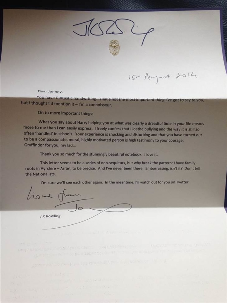 Dated Aug. 15, 2014, Rowling's letter to Johnnie commended him for rising above being bullied to become a "compassionate, moral, [and] highly motivated person."