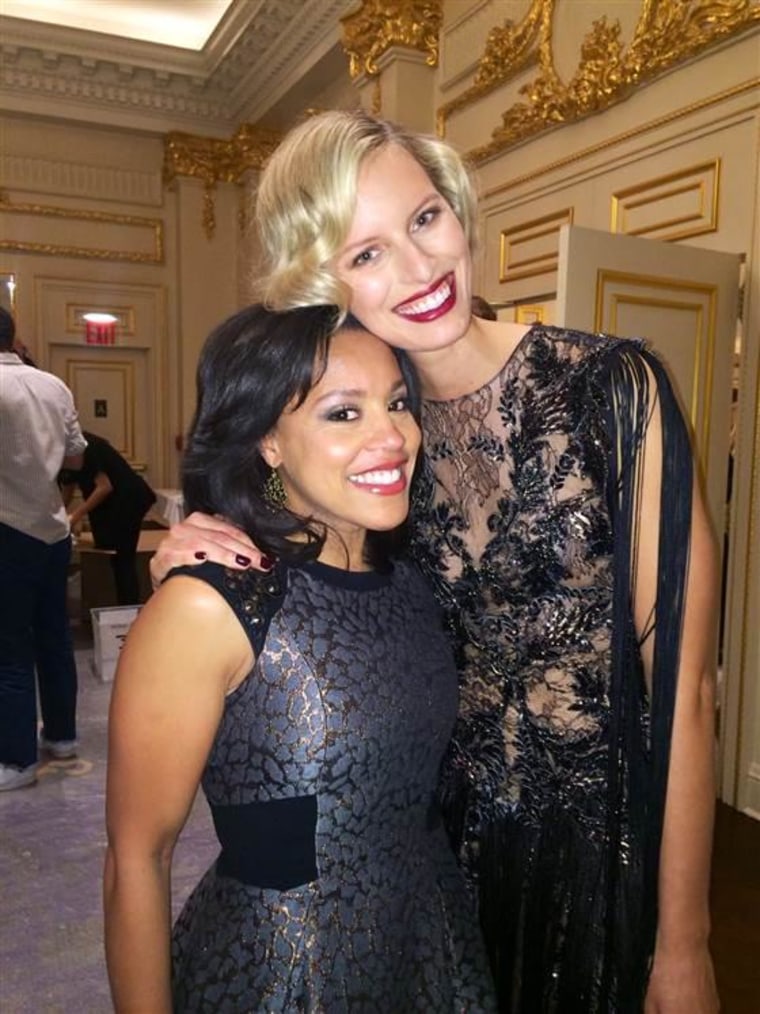 Shenielle Jones (L) with supermodel Karolina Kurkova after she walked in Marchesa's Fall 2015 fashion show on Wednesday.