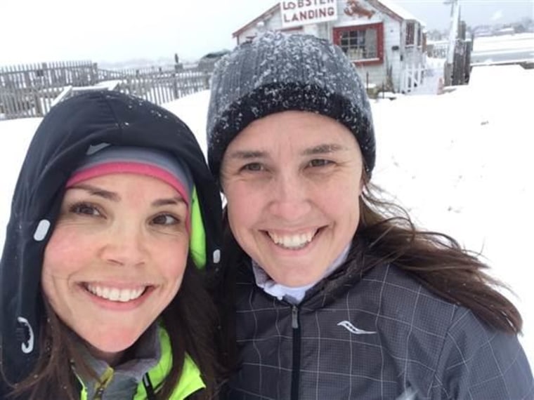 Erica Hill and her cousin, Dana Coffin, during a chilly February run.