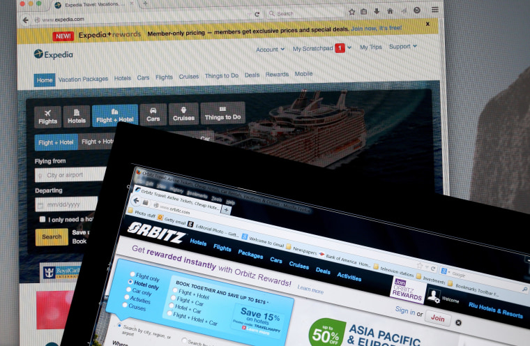 In this photo illustration, the website for Expedia Inc. and Orbitz Worldwide Inc. are seen next to each other.