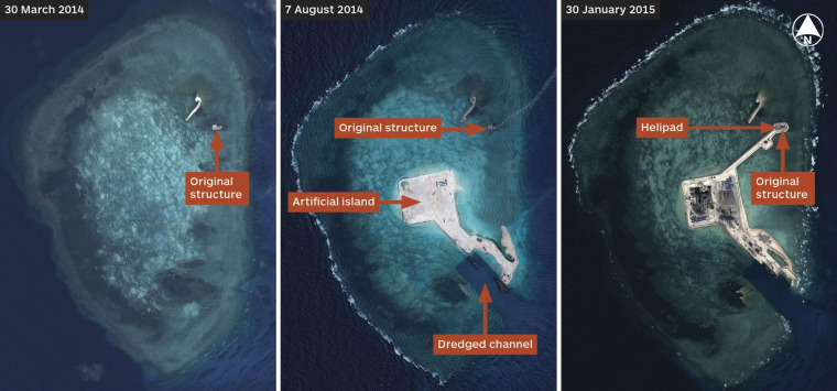 Airbus Defence and Space satellite imagary from 30 March and 7 August 2014 and 30 January 2014 show the extent of Chinese progress in building an island at Gaven Reefs in the Spratly islands. By 30 January a pre-existing platform had been joined to the new island and at least one helipad built.