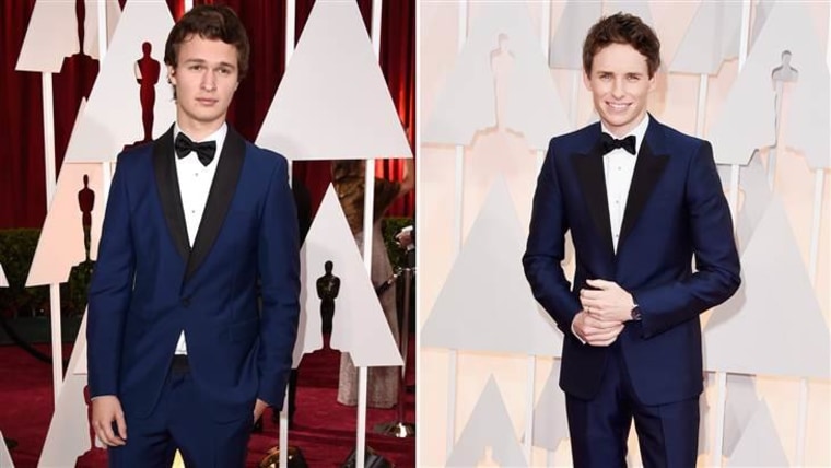 Ansel Elgort (L) and Eddie Redmayne wore strikingly similar tuxes to the Oscars.