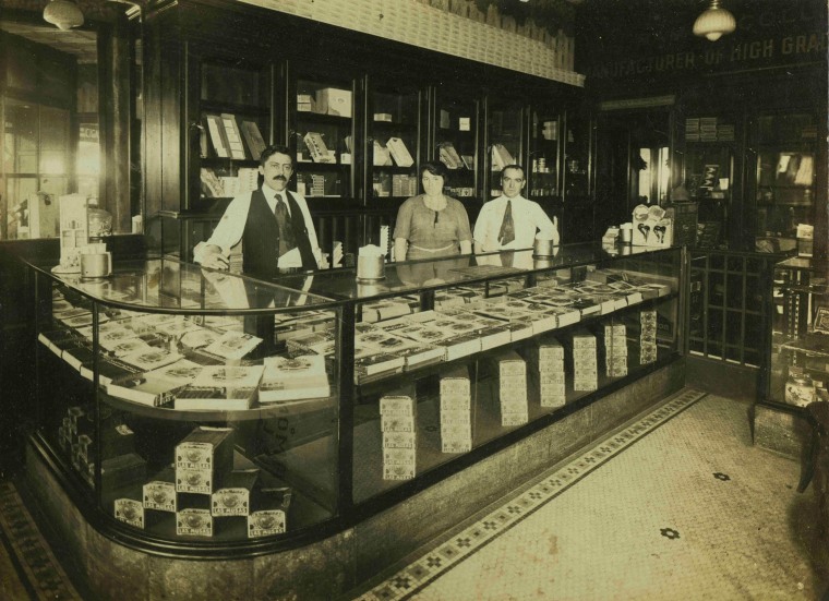 Front counter and back store for Las Musas cigar shop in Brooklyn, NY c. 1915