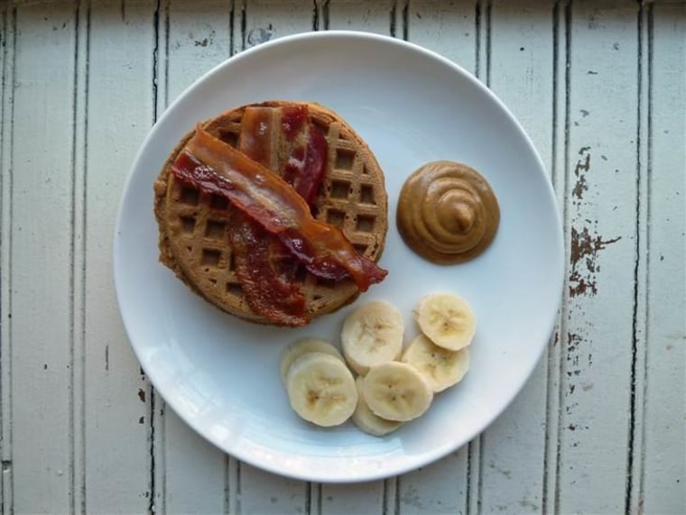 Elvis waffles with peanut butter, banana and bacon