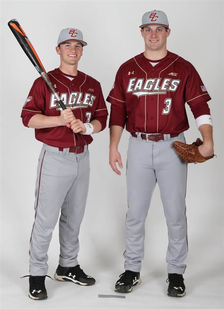 Boston College baseball senior captains Blake Butera and John Gorman model the retro uniforms the entire team will wear in honor of Pete Frates, who captained the team in 2007.