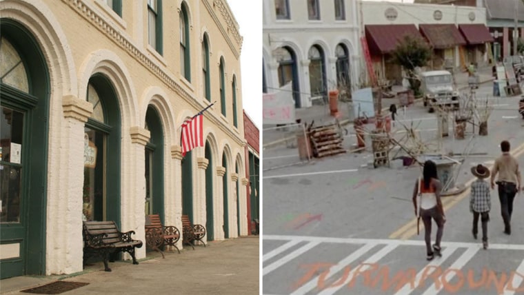 Grantville, Georgia on a normal day (left), and how it appeared in "The Walking Dead" (right).