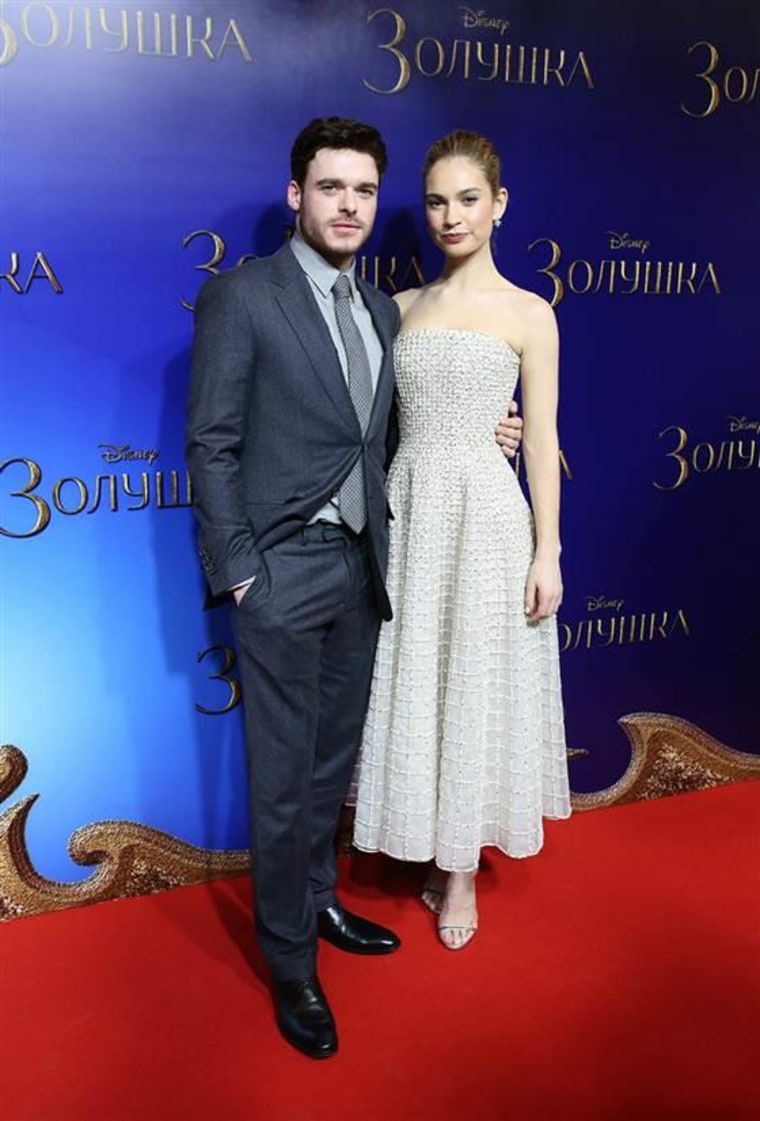 Lily James and Richard Madden attend the "Cinderella" premiere on Feb. 16 in Moscow.