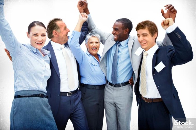 Tom Wilkinson, second from left, joins Dave Franco, far right, in this business-focused celebratory stock photo to promote their film, "Unfinished."