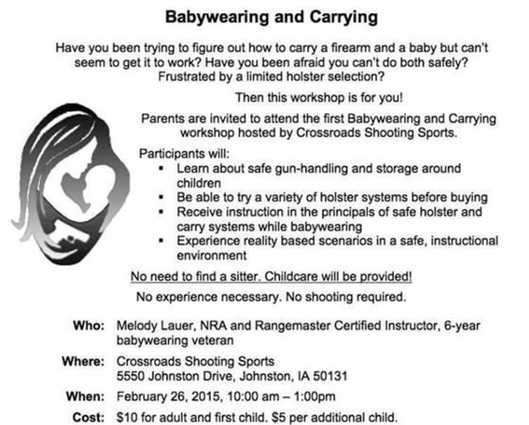 A flier for the babywearing and firearm safety class. Note: This image has been edited to remove personal contact information.