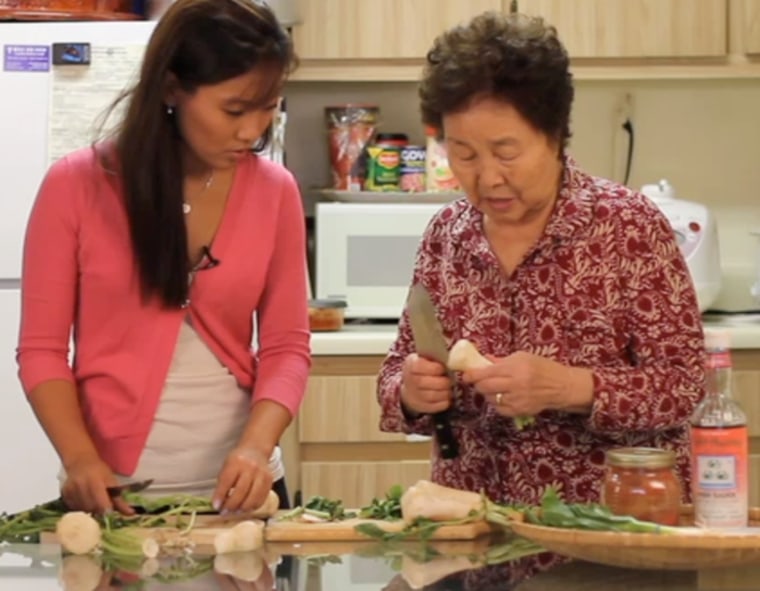 Caroline Shin with her grandmother, Sanok Kim, in the first episode of "Cooking with Granny."
