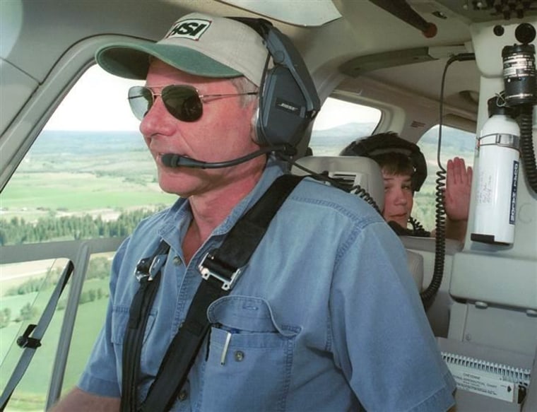 Harrison Ford flies his helicopter July 10, 2001 near Jackson, Wy. Ford located and rescued missing 13-year-old boy scout Cody Clawson.