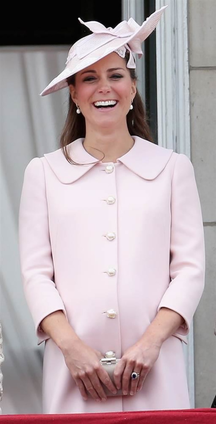 Duchess Kate wore the pale pink coat in June of 2013 at Buckingham Palace.