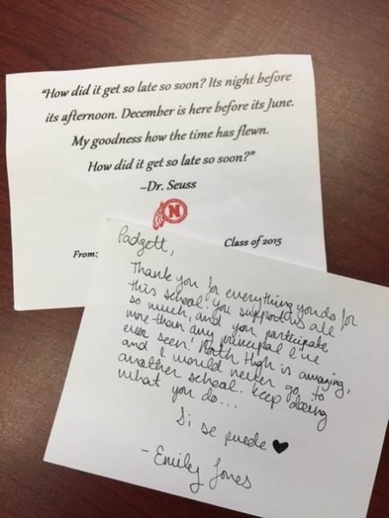 Emily's own thank-you note commends her principal for "everything you do for this school."