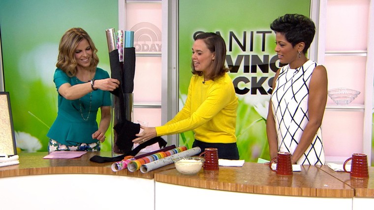 Real Simple magazine’s Sarah Humphreys demonstrates some handy household hacks, including protecting leftover wrapping paper with tights and removing sticker residue with mayonnaise.