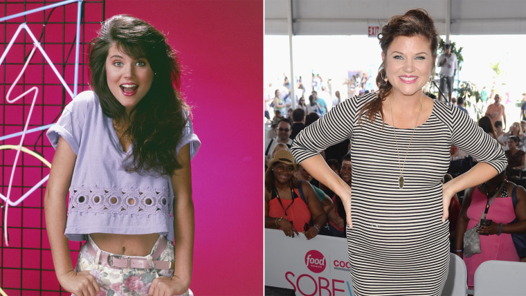 Tiffani Thiessen is pictured on "Saved by the Bell" (L) and in 2015(R).