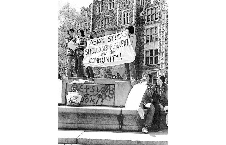 Margaret Chin (in plaid jacket) prepares to address the crowd at an Asian-American student-led rally at New York’s City College, where she was a student in the 1970’s.