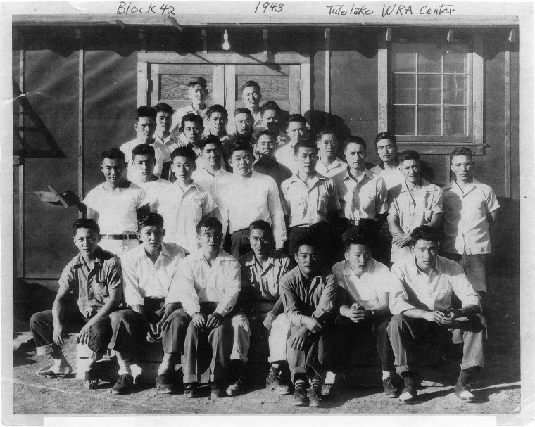 The men from Tule Lake War Relocation Authority Camp Block 42 who had been illegally arrested at gun point in 1943 for refusing to register for the controversial loyalty questionnaire