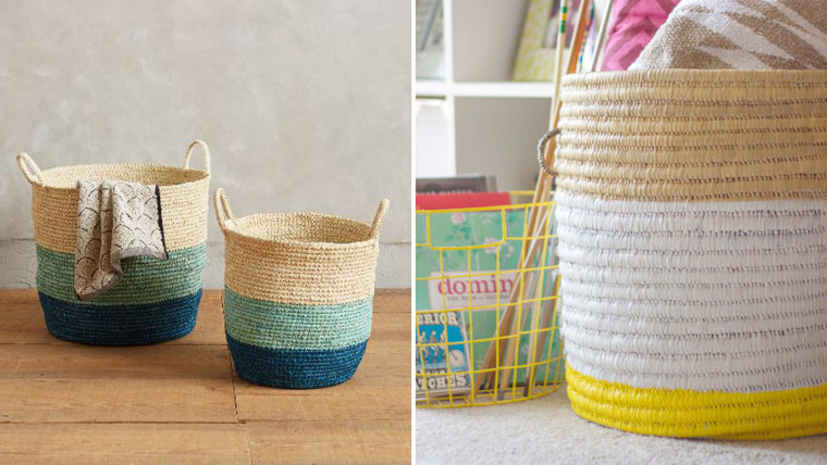 Store blankets, toys and more in the Anthropologie blanket on the left, or make a similar basket as seen on the right.