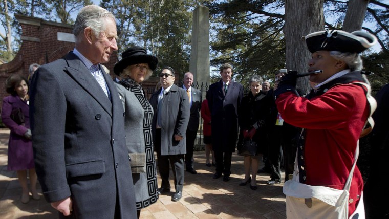 Image: Britain's Prince Charles and Camilla listen to Francisco play "God Save the Queen" during a visit to Mount Vernon in Virginia