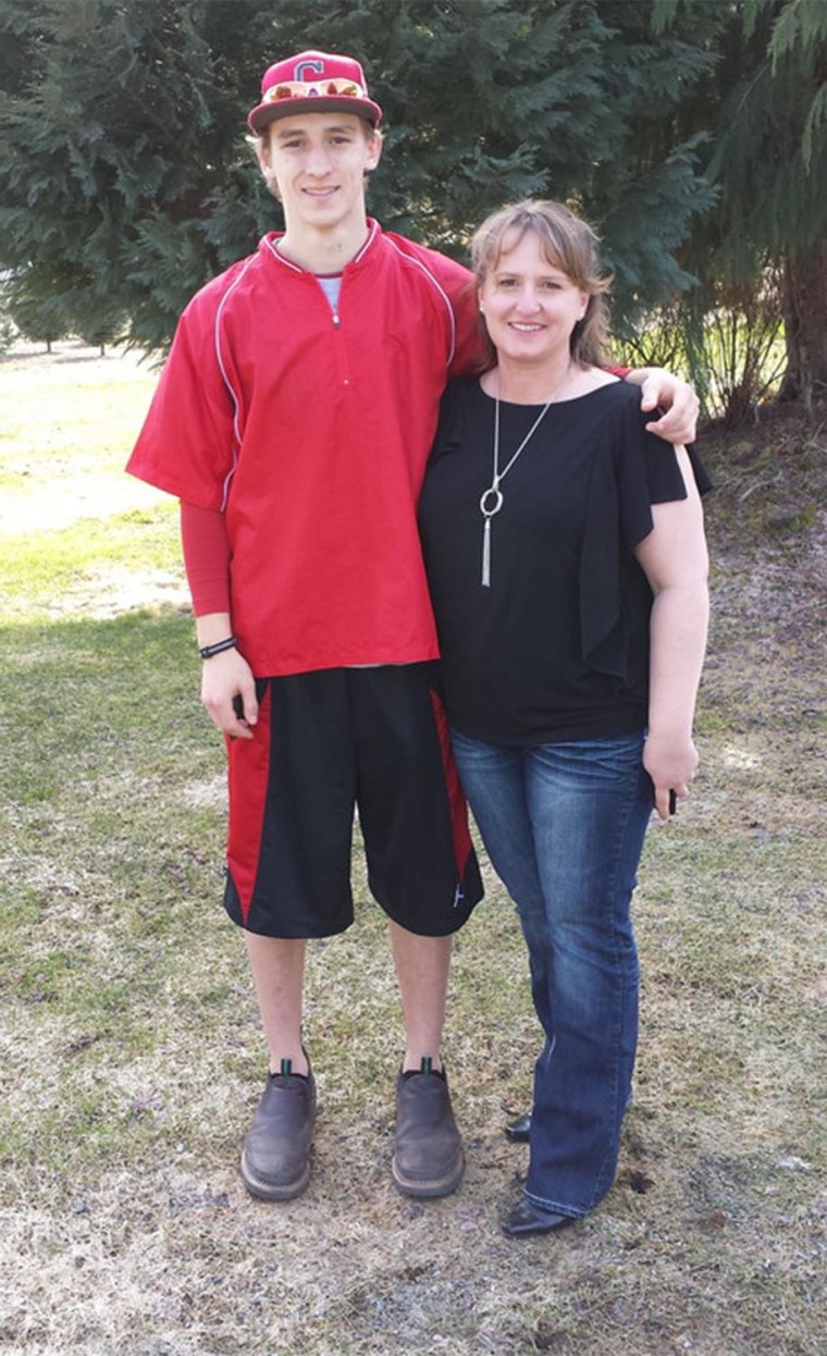 How's the weather down there? April Welch's son towers over her, even when she's wearing 3-inch heels.