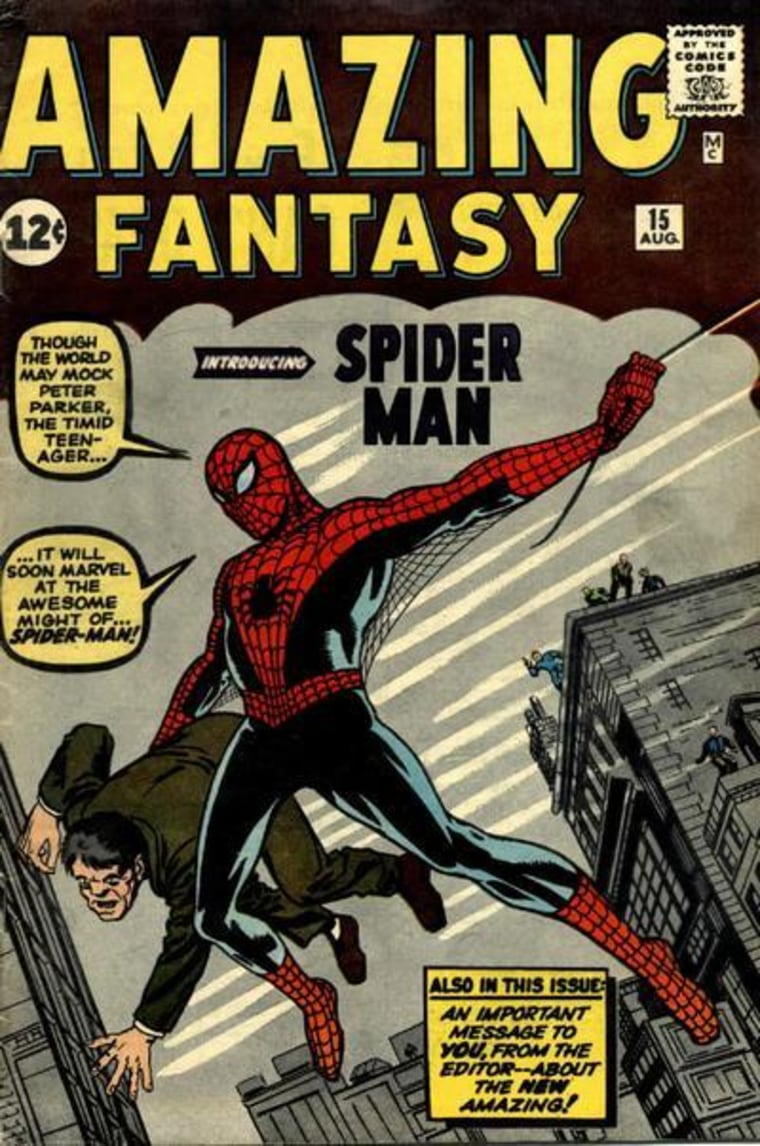 The 1962 debut of Spider-Man, one of many iconic superheroes co-created by Stan Lee.