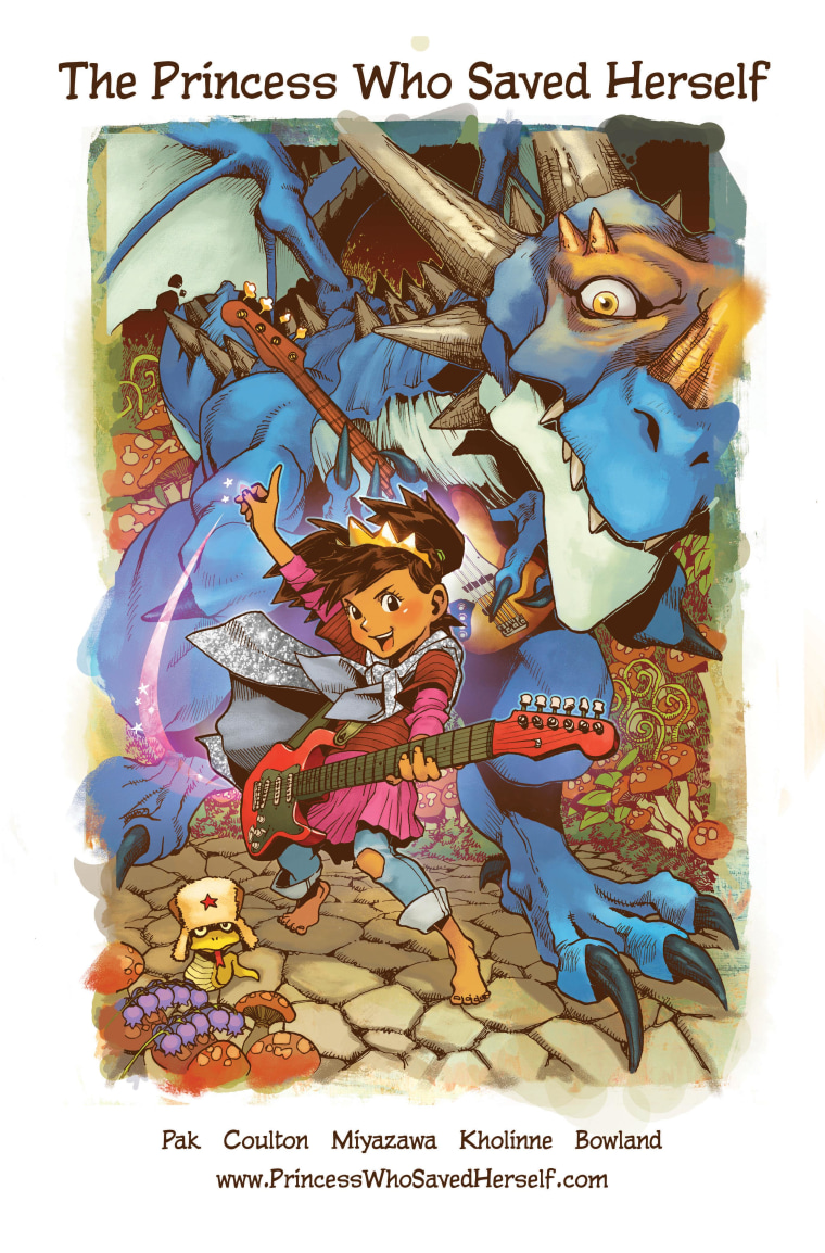 Cover of children’s picture book, “The Princess Who Saved Herself,” written by filmmaker and writer Greg Pak, based on the song by singer/songwriter Jonathan Coulton, and illustrated by artist Takeshi Miyazawa.