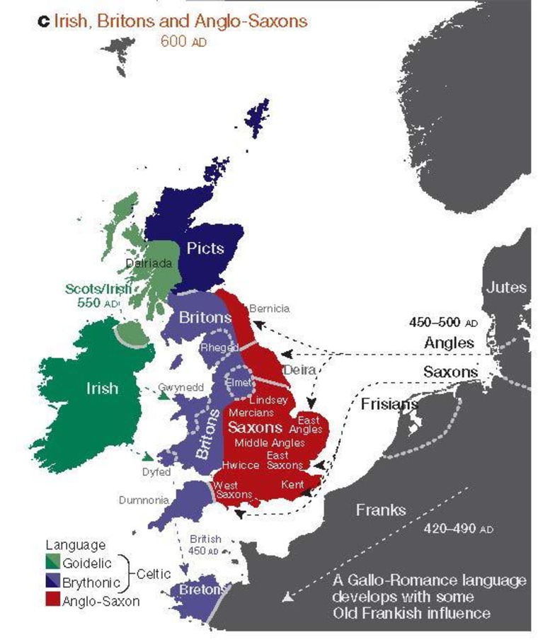 The regions of ancient British, Irish and Saxon control. (Nature & Leslie et al | EuroGeographics for the administrative boundaries)