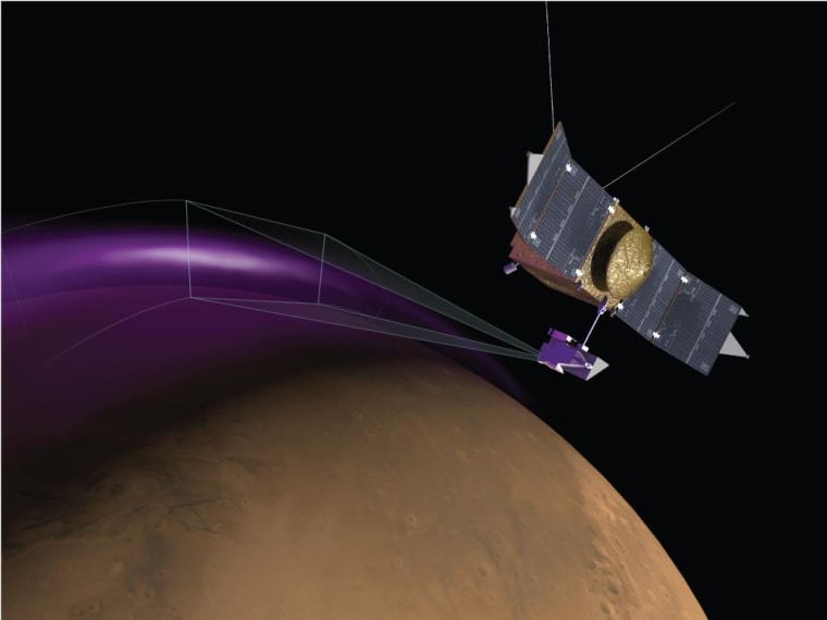 Artist's conception of MAVEN observing the "Christmas lights" aurora on Mars. The display would not be visible to human eyes.