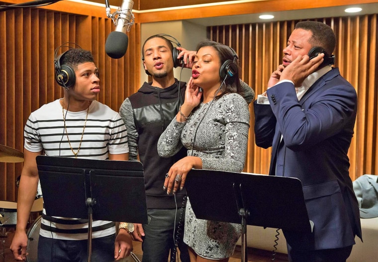 Bryshere Gray, Jussie Smollett, Tarji P. Henson and Terrence Howard in a scene from Fox's "Empire."