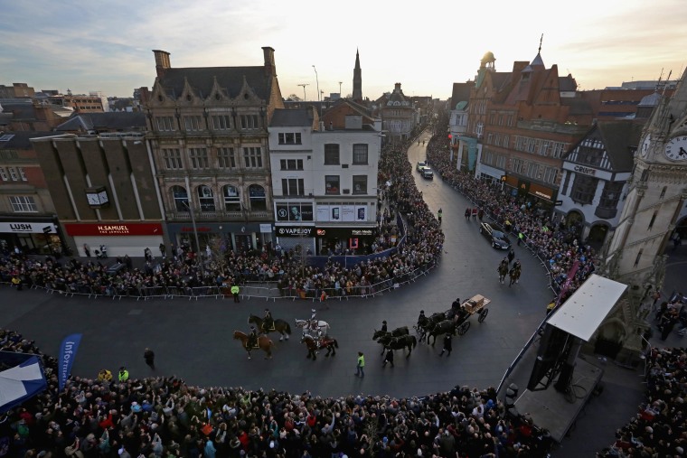 The coffin containing the remains of King Richard III is carried in a procession for interment at Leicester Cathedral on March 22, 2015 in Leicester, England. 