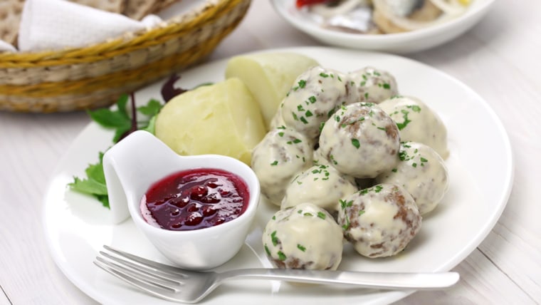 Swedish meatballs with cream gravy, boiled potatoes and lingonberry jam.; Shutterstock ID 180061892; PO: Brandon for Food