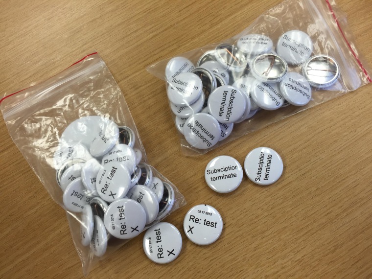 Buttons were made in honor of the email that annoyed some recipients and amused others.