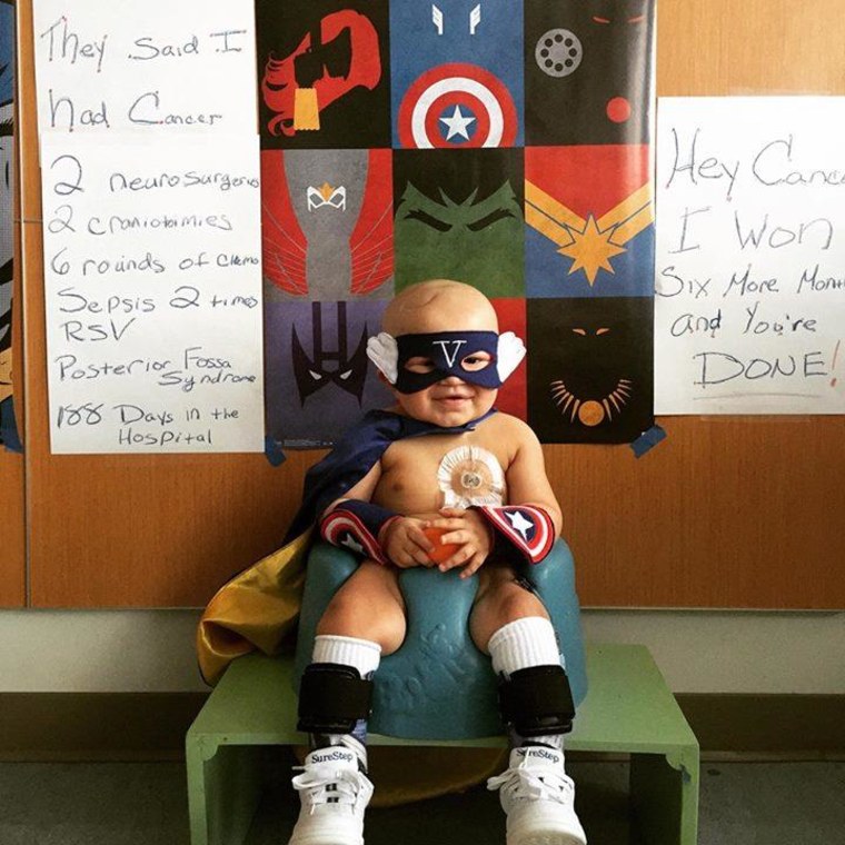 Vito Skaro, an 18-month-old Minnesota boy who wore superhero capes while fighting a brain tumor, is cancer-free as of March 25, according to his mother, Nicole.