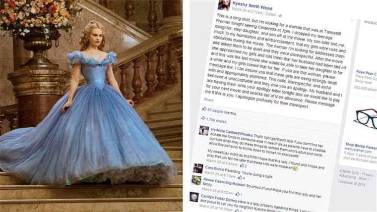 Through a public post on Facebook, Alabama resident Kyesha Smith Wood apologized for her daughter and stepdaughter's recent behavior at a movie theater's screening of "Cinderella."