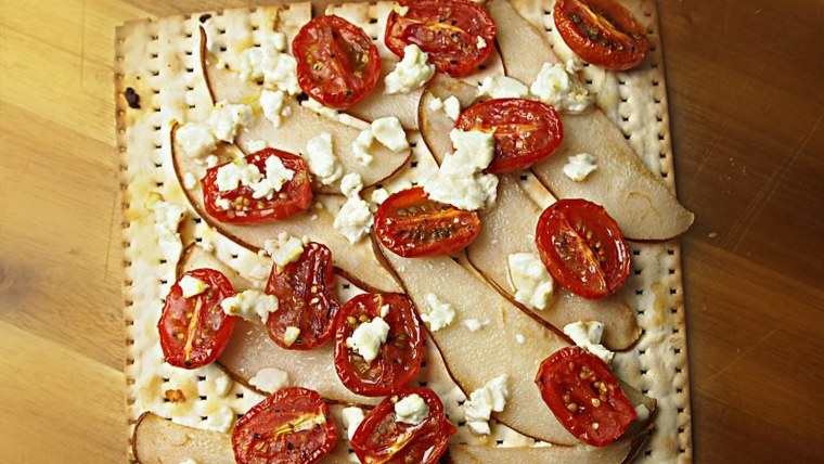 Pear, Oven Roasted Tomatoes and Goat Cheese Matzo Pizza