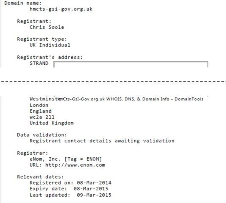 IMAGE: Fake British courts domain registration