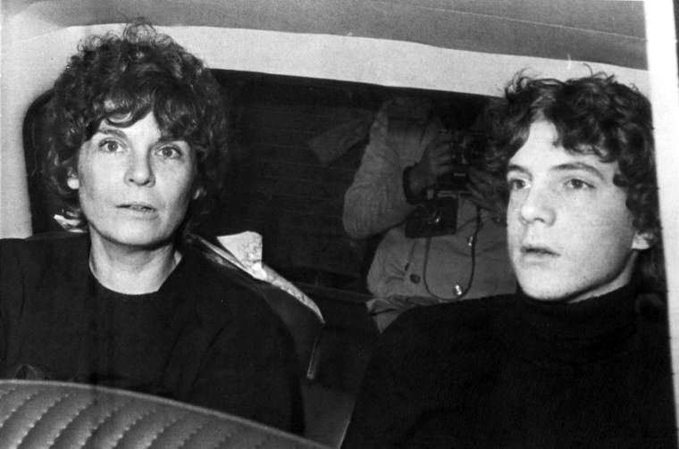 Image: Gail Harris arrives in a police car with her son John Paul Getty III