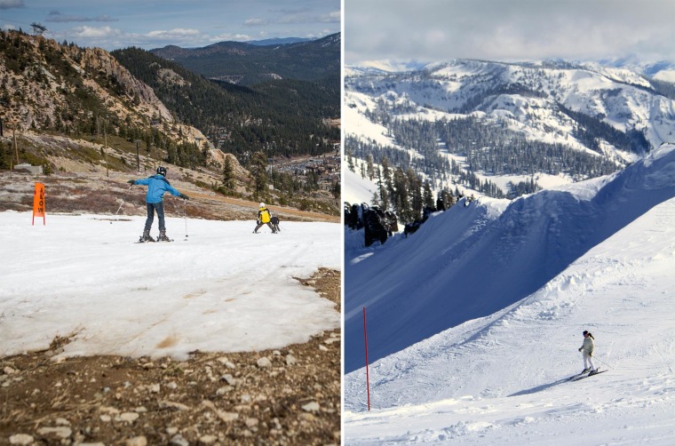 This combo of two photos shows on the left: skiers threading their way through patches of dirt at Squaw Valley Ski Resort, March 21, 2015 in Olympic Valley, California; and on the right: a skier at Squaw Valley on March 28, 2011.