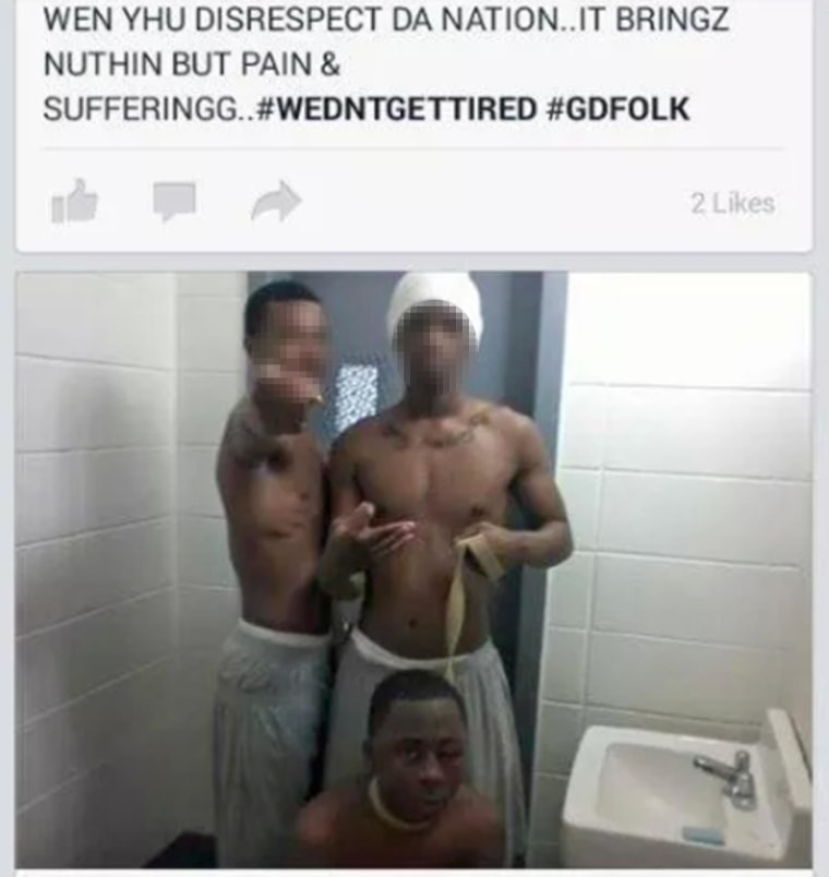 This picture was allegedly taken inside a Georgia correctional facility and posted on Facebook. The aunt of the man shown leashed in the picture, Cortez Berry, said the family got a phone call when it turned up on the social media site. She sent a screenshot to NBC News. Berry was 17 at the time the photo was taken. The faces of the men with Berry have been blurred by NBC News.