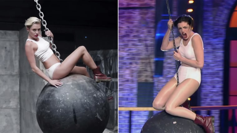 Anne Hathaway rides Miley's 'Wrecking Ball' for 'Lip Sync Battle'